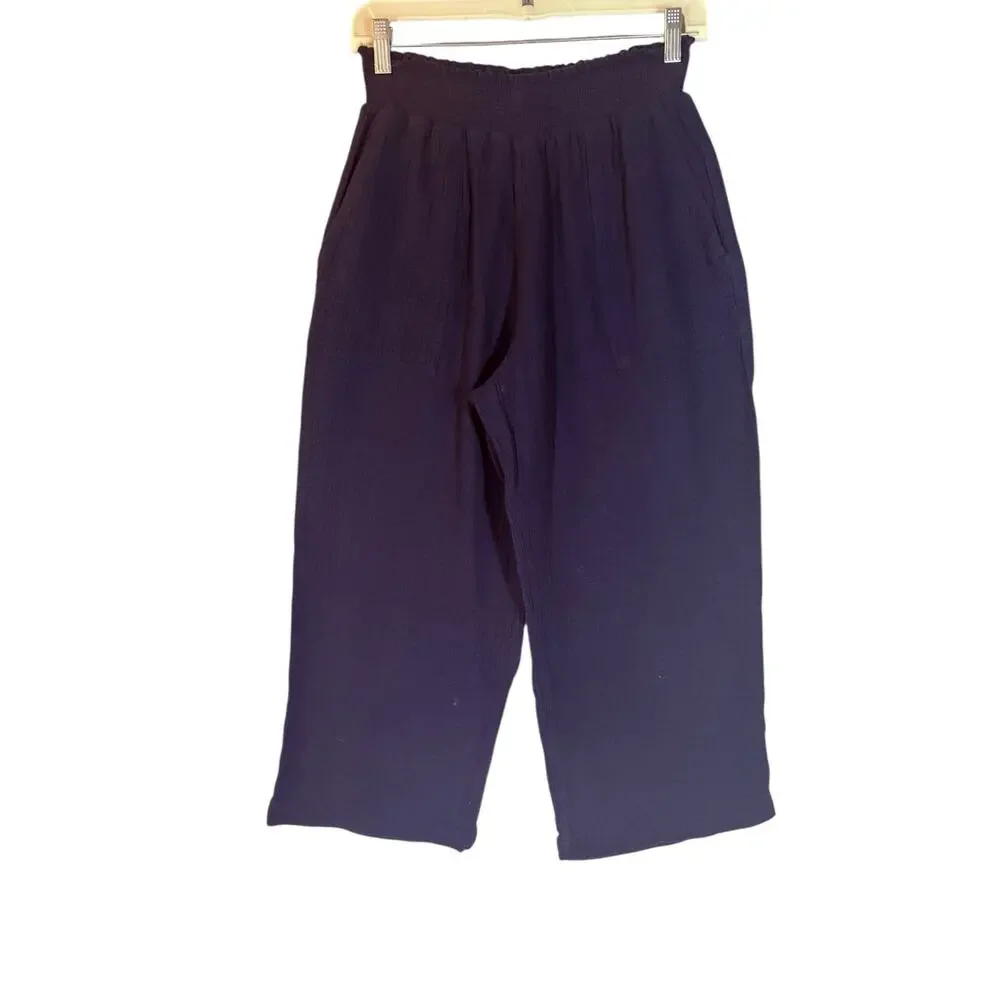 Magaschoni Organic Slub Cotton Navy Wide Leg Cropped Pants L Casual Resort Beach